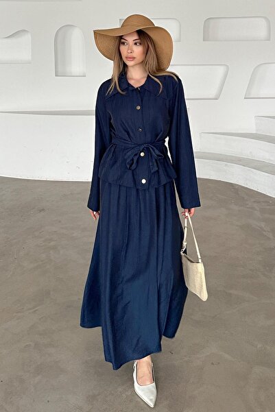 Olcay Öv részletes szoknya kabát szett SÖTÉTKÉK 9348-TK