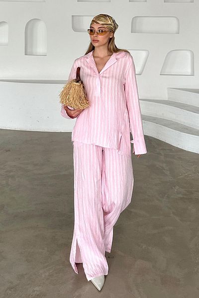Olcay Self Striped Shirt Pants Suit Pink 9356-Tk