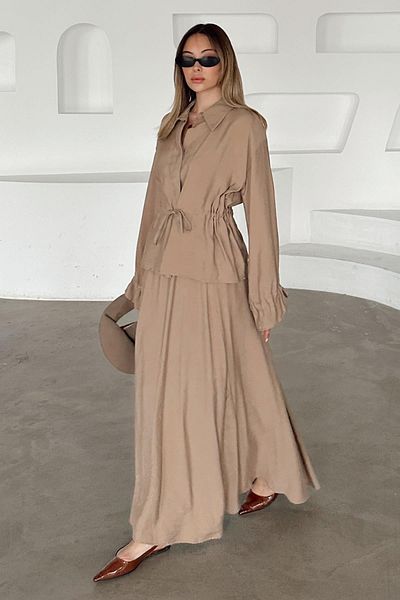 Olcay Gathered Detailed Skirt Jacket Modal Suit Kamel 9347-Tk