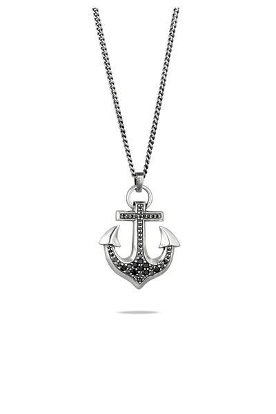 KUZZOI Halskette Herren Anker Anhänger Panzerkette Zirkonia Diamantschliff weiß 925 Sterling Silber Fe