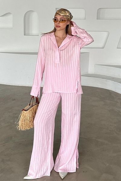 Olcay Self Striped Shirt Pants Suit Pink 9356-Tk