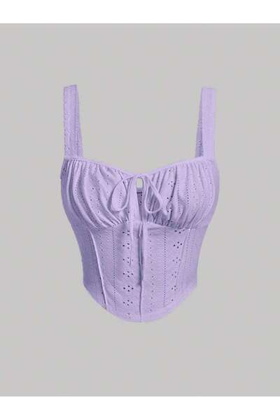 Wild Flower Model de broderie liliac Piept decoltat Top Crop cu bretele late