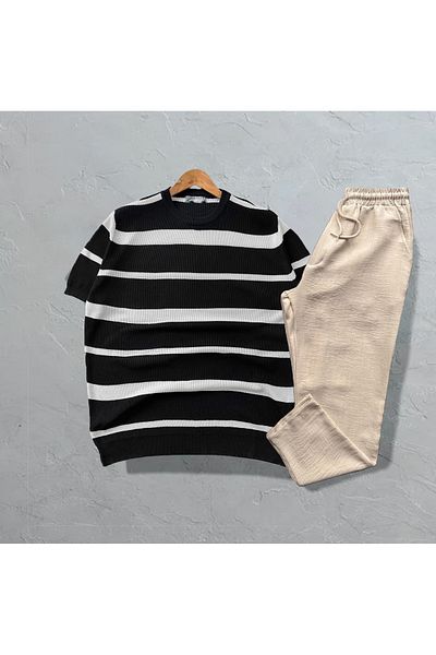 viperkombin 2 Piece Set Knitted Sweater T-Shirt and Linen Pants Combinations