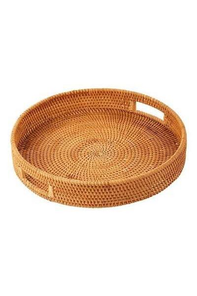 HALAMODO Round Woven Serving Tray with Handles Brown 36cm
