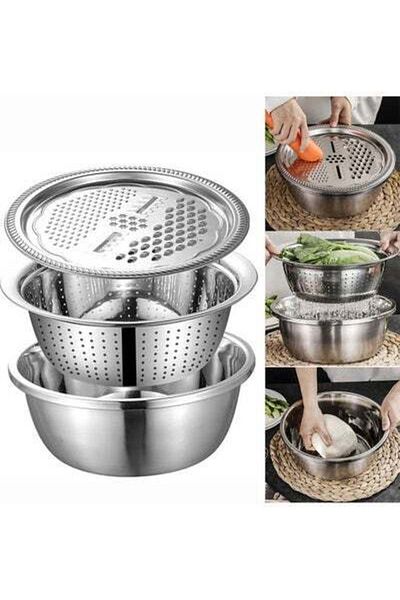 HALAMODO 3Pcs/Set Grater Strainer Sieve Basin Washing Bowl Set Vegetable Cutter Stainless Steel Kitchen Tool