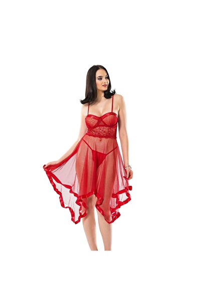 Narnuga ثوب نوم شيفون من التول باللون الأحمر - 229