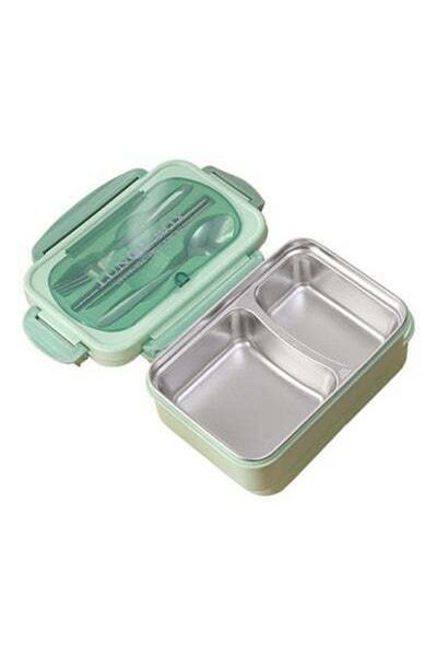 HALAMODO Divided Lunch Box With Tableware Set Green/Silver 21.3x14.5x7.5cm