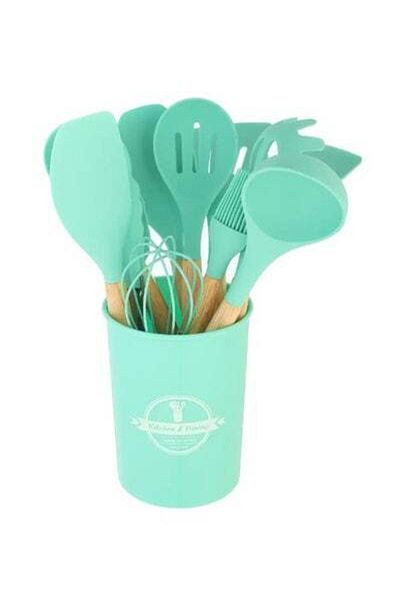 HALAMODO 12 Piece Barreled Cooking Utensils Set With Wooden Handle Mint Green