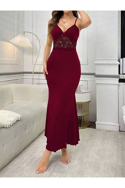 BLACK Women's Lace Detailed See-Through Long Nightdress – Mermaid Cut, Body Fitting