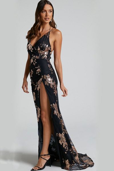 FASHION COCKTAIL Copper Sequined Deep Slit Wedding Prom Cocktail Engagement Evening Dress Long Maxi Dress Black