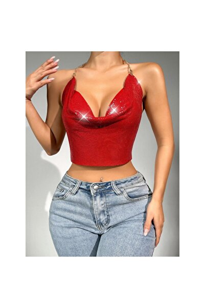 Narnuga بلوزة قصيرة وبلوزة حمراء لامعة بدون أكمام ورقبة قارب
