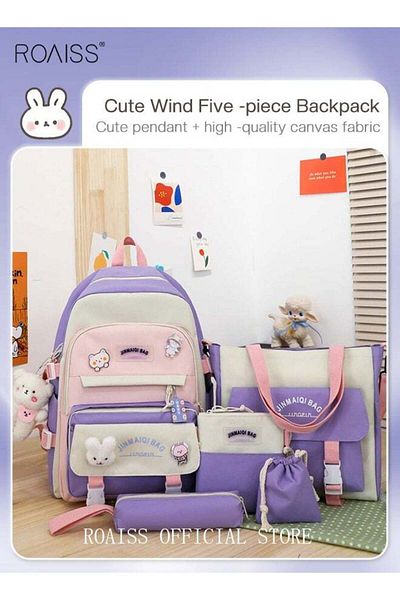 ROAISS 5 PCS Set of Kid Backpack Fashion Children's New Oxford Cloth Schoolbag Girls Junior High School Stu