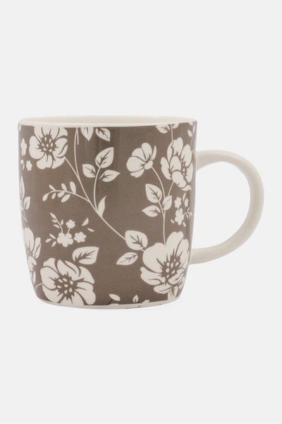 Kitchen Craft Floral Barrel Shape Mug 425ml, Grey