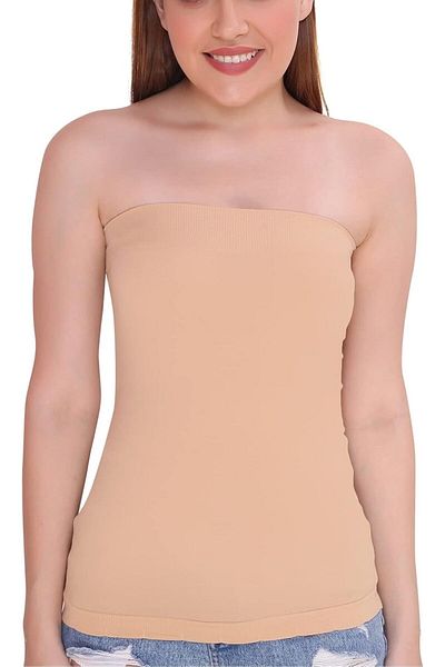 Glamroot Women's/Girl's Strapless Stretchable Long Bandeau Tube Top Camisole Free - Beige, One Size