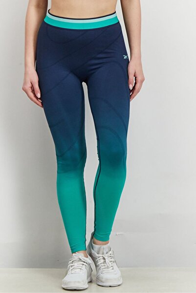 Reebok بنطلون رياضي نسائي بدون درزات، أزرق داكن وأخضر