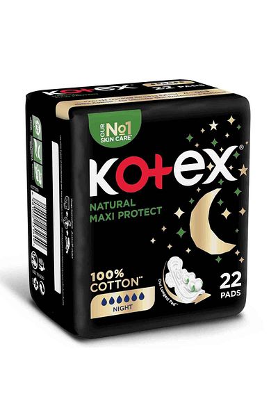 Kotex Natural Maxi Protect Thick 100% Cotton Overnight Sanitary Pads with Wings 22 pcs