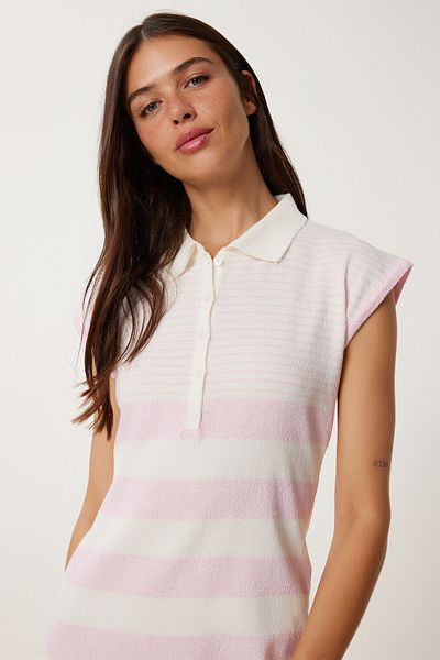 Lovelyİstanbul Rochie de tricotaj de vară cu dungi cu guler polo ROZ BONE LKİ0033