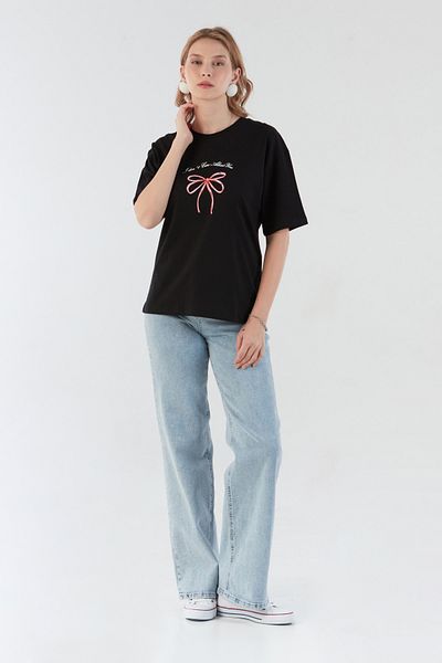 Fulla Moda Oversize T-Shirt with Ribbon and Text Print