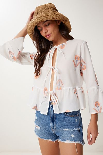 Lovelyİstanbul Embroidery Embroidered Tie-Up Summer Blouse White Lrg0024