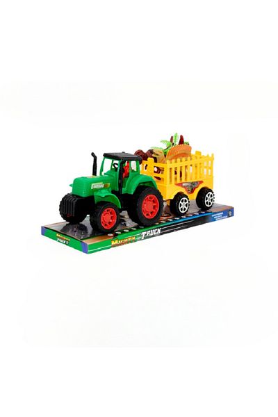 rexa Toy tractor pulling a trailer, with toy dinosaurs in the trailer