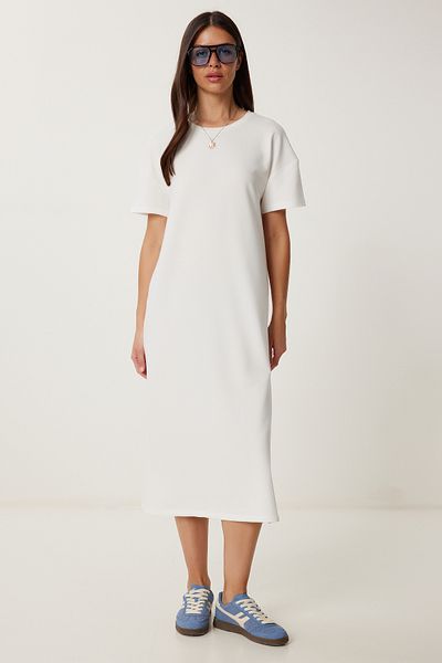 Lovelyİstanbul Rochie din bumbac pieptănat casual de vară EKRU LUB0056