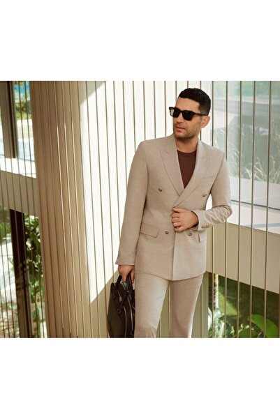 SÜVARİ Slim Fit New Season Premium Stripe Patterned Double Breasted Suit