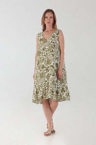 Fulla Moda Shawl Patterned V-Neck Pleated Loose Dress
