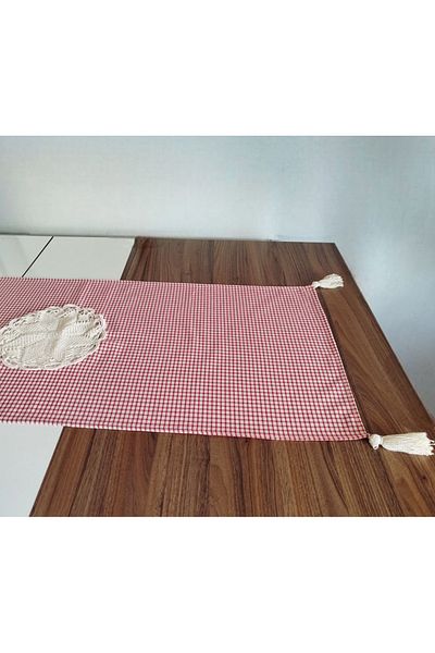 denizli hatırası Red Handcrafted Lace Soft Linen Potikare Runner 47X115 cm