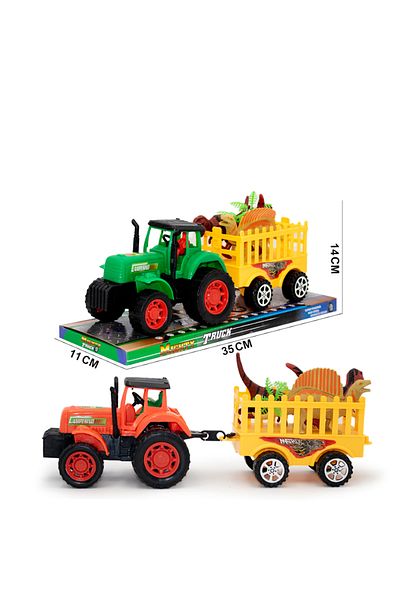 rexa Toy tractor pulling a trailer, with toy dinosaurs in the trailer