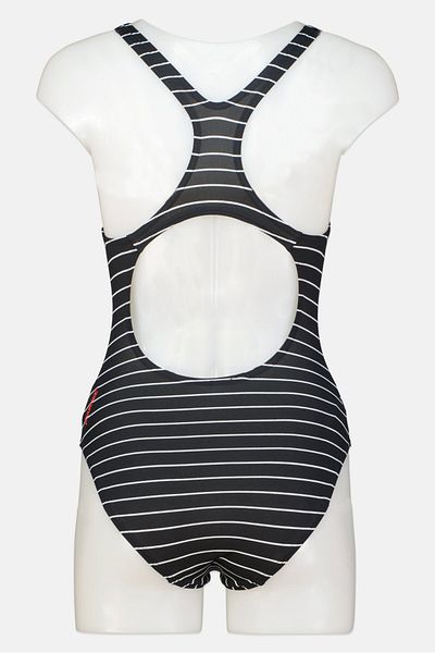 SPEEDO بدلة سباحة نسائية من قطعة واحدة مطرزة بشعار، أسود/أبيض