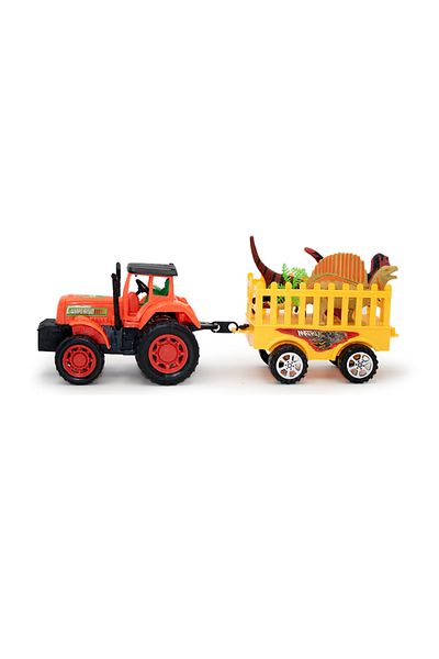 rexa Toy tractor pulling a trailer, with toy dinosaurs in the trailer