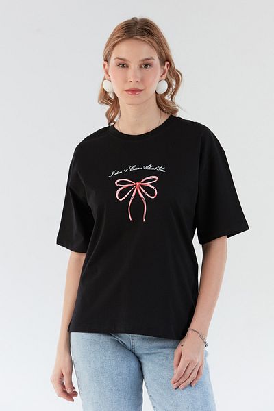 Fulla Moda Oversize T-Shirt with Ribbon and Text Print