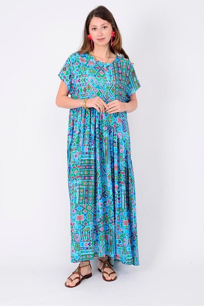 Hazinedan Authentic Ethnic Pattern Asymmetric Short Sleeve Dress