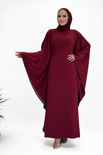 Bym Fashion Stone Detailed Yarasakol Hidden Rope Belted Dress 3969 Burgundy