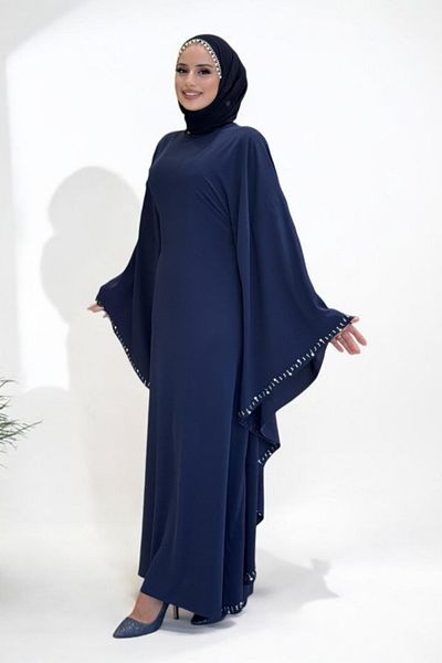 Bym Fashion Stone Detailed Yarasakol Hidden Rope Belted Dress 3969 Navy Blue