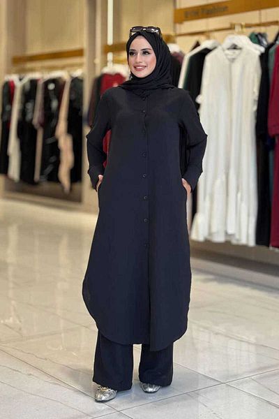 Bym Fashion Buttoned Pocket Tunic and Trousers Double Set 8682 Black