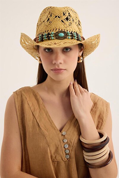 HomeStore Hasır Motifli Taşlı Metal Şapka