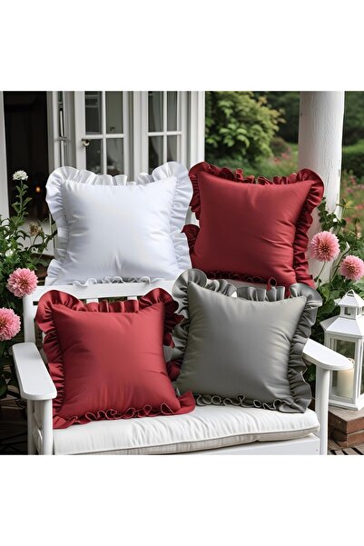 Bc Home Set of 4 White - Gray - 2 Pieces Tile Country Ruffled Square Throw Pi...