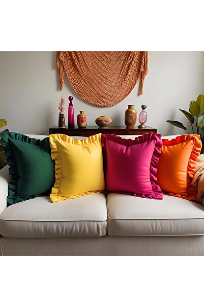 Bc Home 4'lü Çam Yeşili - Sarı- Turuncu-fuşya Country Fırfırlı Kare Kırlent Kılıfı Seti Vintage,bohem 4 Adet