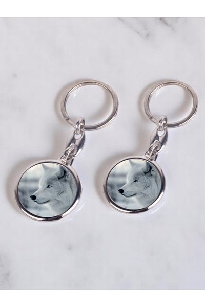 lili hediyelik White Wolf Printed 2-Piece Keychain