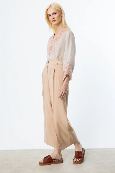 Ekol Women's Single Pleat Wide Leg Trousers 2106 Sand