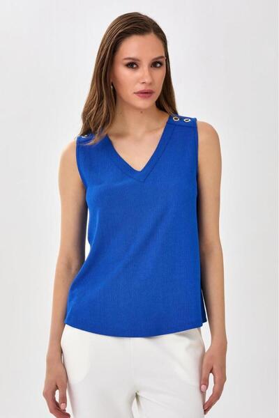 İKİLER V Yaka Omuzu Kuşgözü Detaylı Bluz 025-1028