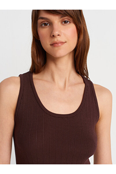 Dilvin 10759 Ребрена плетена блуза с ажурна плетка - кафява