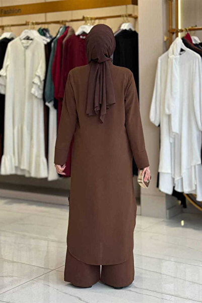 Bym Fashion Διπλό Σετ Τουνίκ και Παντελόνι με Τσέπες με Κουμπιά 8682 Καφέ