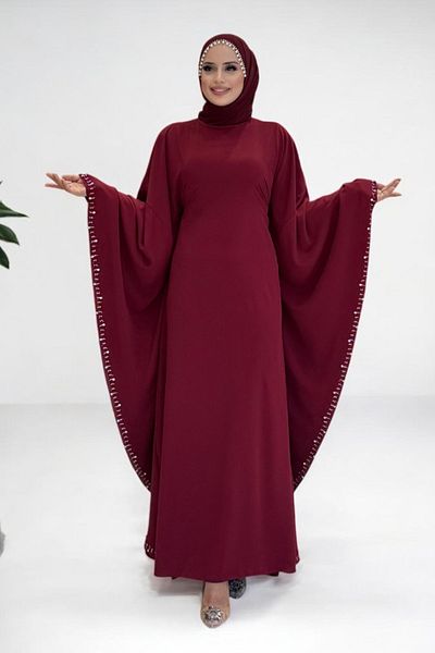 Bym Fashion Stone Detailed Yarasakol Hidden Rope Belted Dress 3969 Burgundy