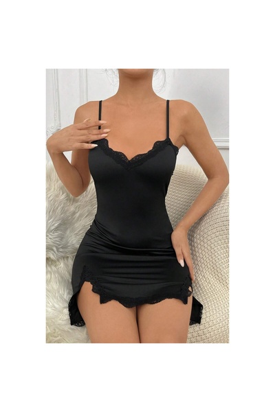 Narnuga ثوب نوم نسائي أسود أنيق مع فتحات من الدانتيل على الصدر والساقين