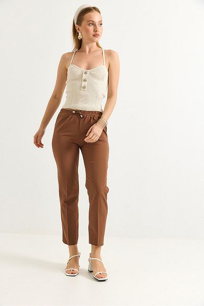 Raneel Kazançlı Alışveriş Elastic Waist Short Leg Double Crepe Trousers Brown