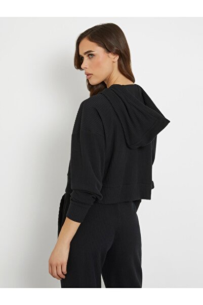 Guess Kadın Ribbed Hoodie Siyah Sweatshirt