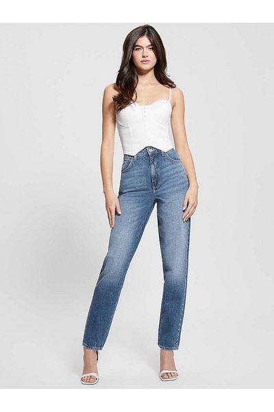 Guess Pantaloni de damă din denim albastru relaxat cu talie normală cu picioare normale W4RA21D4T9L-DEDE