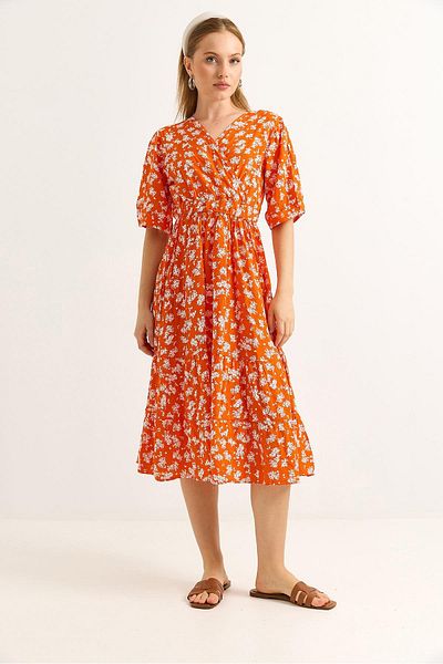 Raneel Kazançlı Alışveriş Double Breasted Collar Gathered Waist Midi Dress Orange